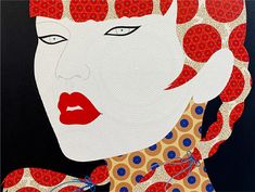 a painting of a woman's face with red hair and polka dots on it