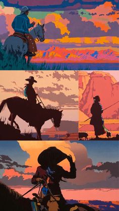 four different images of people riding horses in the sunset, with mountains and clouds behind them