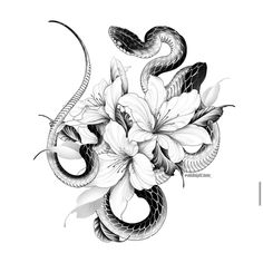 a black and white drawing of flowers with snakes on it's sides, in the shape of a snake