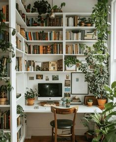 a home office with bookshelves and plants