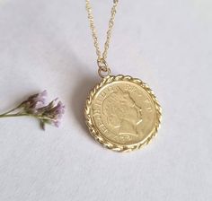 Solid gold coin pendant necklace, 14k gold coin pendant necklace, antique necklace, British coin gold necklace, 14k gold necklace Solid gold 14k necklace with an old British gold coin pendant, great for everyday wear, unique and beautiful. The chain is made of 14k solid gold and available in a few lengths.  The pendant is an original coin which I decorate with twisted gold wires and is available in 9k or 14k solid gold. Dimensions: The coin pendant's diameter is about 0.75 inch (2 cm). To see ot Necklace Wide, Gold Coin Pendant, Gold Medallion Necklace, Chunky Gold Necklaces, Gold Link Necklace, Gold Coin Necklace, Gold Medallion, Coin Pendant Necklace, Necklace Antique