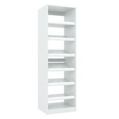 a white book shelf with five shelves on each side and two doors at the top