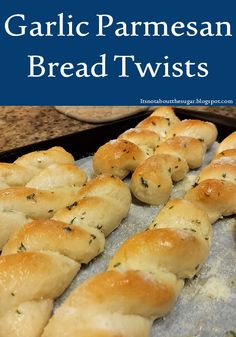 Image depicts a pan of twisted breadsticks that are coated in garlic butter and parmesan cheese. Above the image is a title that reads "Garlic Parmesan Bread Twists." Cheesy Bread Twists, Garlic Bread Twists Recipe, Twist Bread Recipes, Garlic Twist Bread, Bread Twists Recipe, Parmesan Twists, Garlic Twists, Garlic Parmesan Breadsticks