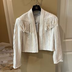 Nwt Never Worn Off White Fringe Jacket Msrp 800+ 78% Cotton Eu Size 42 Luxury White Blazer For Fall, Designer White Blazer For Fall, Designer White Winter Blazer, Luxury White Blazer For Spring, Designer White Blazer For Spring, Luxury White Winter Blazer, White Designer Blazer For Spring, Luxury White Spring Outerwear, Elegant White Cropped Jacket For Winter