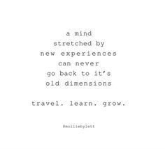 a quote that reads, a mind stretched by new experiences can never go back to it's old dimensionss travel learn grow