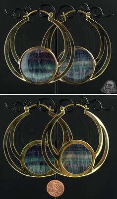 Solid brass Eclipse Moon hoops with fluorite Black Cat Superstition, Body Adornment, Stretched Ears, Stone Carving, Wood Jewellery, Pretty Jewellery, Body Jewelry, Solid Brass, Amazing Jewelry