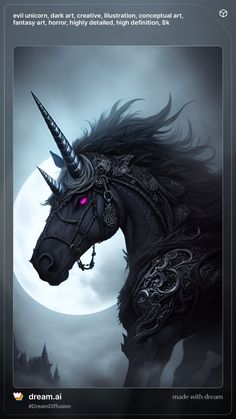 a black horse with horns on it's head in front of a full moon