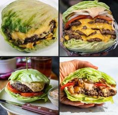 four different views of a hamburger with lettuce and tomatoes on it, including the cheeseburger