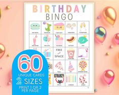 a birthday bingo game with balloons and confetti