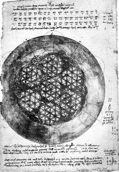 an old book with black and white ink on it, depicting the design for a flower of life