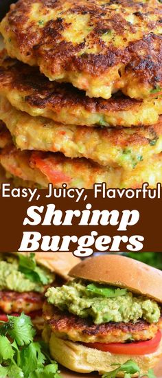 three burgers stacked on top of each other with the words easy, juicy, flavorful shrimp burgers