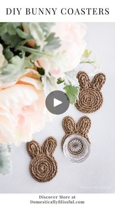 crochet bunny coasters with flowers and text that says diy bunny coasters