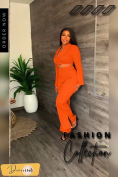 Ol Blazer Crop Tops Straight Pants Two Piece Set High Waist Two-piece Bottoms For Workwear, Fitted Orange Pants For Office, Formal Pant Style, Blazer Crop, Formal Pant, Women Set, Winter Casual, Straight Pants, Two Piece Set