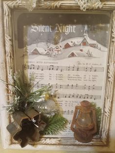 an old fashioned frame with music and christmas decorations