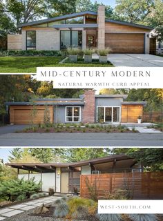 the mid century modern house is shown in three different views