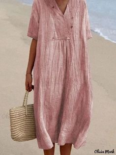 Olivia Mark - Solid Color Linen Cotton Dress Shift Dress Casual, Airy Dress, Casual Chique, Cotton Linen Dresses, Cotton Blends Dress, Dress Sleeve Styles, Elegante Casual, Half Sleeve Dresses, Linen Style