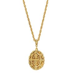 This beautiful double-sided filigree locket necklace is a unique, vintage-inspired accent for any outfit. This beautiful double-sided filigree locket necklace is a unique, vintage-inspired accent for any outfit. Clasp: lobster claw Metal: alloy Chain length: 30 in. Plating: gold tone Finish: polished Locket length: 1.8 in. Not appropriate for children 14 years old and younger. Size: One Size. Gender: female. Age Group: adult. Elegant Oval Pendant Locket Necklace For Vintage Collection, Gold Filigree Medallion Locket Necklace, Elegant Oval Pendant Locket Necklace From Vintage Collection, Yellow Gold Filigree Locket Pendant Necklace, Gold Medallion Locket Necklace With Filigree, Victorian Medallion Locket Necklace With Filigree, Victorian Filigree Medallion Locket Necklace, Victorian Style Filigree Medallion Locket Necklace, Victorian Style Medallion Locket Necklace With Filigree