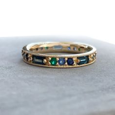 Blue Green Sapphire Wedding Band in 14k Yellow Gold with Sapphires & Emeralds Unique Sapphire Rings, Emerald Eternity Band, Gold Eternity Band, Emerald Wedding Band, Sapphire Wedding Rings, Sapphire Wedding Band, Blue Green Sapphires, Agate Engagement Ring, Round Sapphire