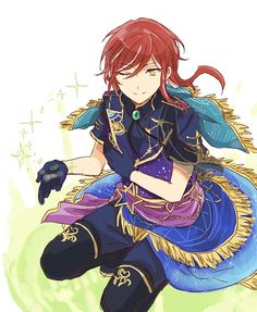 an anime character with red hair sitting on the ground