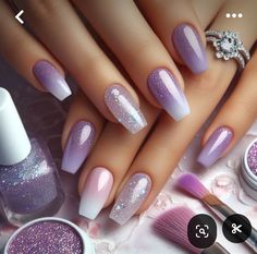 Lavender Ombre Nails, Orlando Nails, Gyaru Nails, Glitter Gradient Nails, Purple Ombre Nails, Purple Glitter Nails, Pink Nail Colors, Purple Nail Art, Lilac Nails