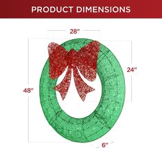 a green christmas wreath with a red bow on it and the measurements for each piece