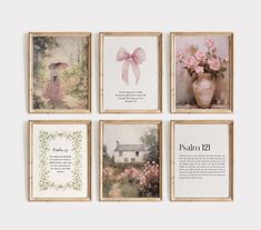 four framed pictures with pink flowers in them