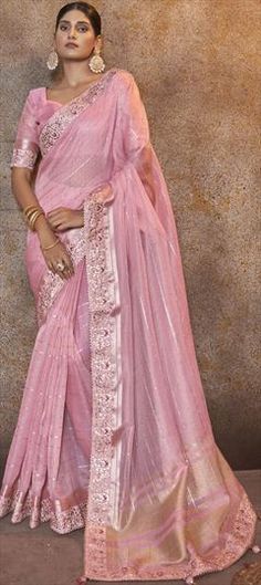 Pink and Majenta color Saree in Silk fabric with Border, Sequence, Weaving work Pink Saree With Zari Work For Ceremonies, Pink Embroidered Fabric For Festive Ceremonies, Festive Pink Embroidered Fabric For Ceremony, Engagement Reception, Reception Lehenga, Wedding Pink, Traditional Saree, Sequence Work, Waist Chain