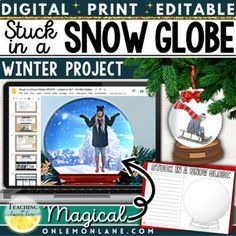 digital printable snow globe project for kids and adults with text overlay that reads, digital print editable stuck in a winter project