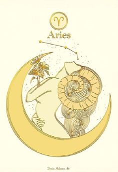 the zodiac sign for aries is depicted in this hand - drawn illustration, which features an image of a woman sitting on the moon