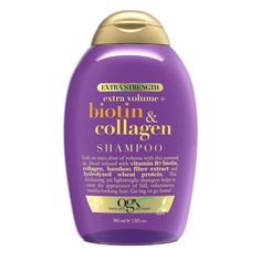 OGX Extra Strength Biotin & Collagen Shampoo is a volume-creating powerhouse with an extra helping of vitamins and proteins to pump up flat strands. Extra body doesn't mean extra weight with a thickening, sulfate-free surfactant blend of nourishing ingredients for full, voluminous hair. Biotin, or vitamin B7, is crucial for skin, nail, and hair health. Paired with collagen, this blend helps nourish hair for a full, healthy look. Be ready for a night out with extra strength conditioning designed Biotin And Collagen Shampoo, Protein Benefits, Shampoo For Fine Hair, Shampoo Design, Vitamin B7, Biotin Shampoo, Thickening Shampoo, Volumizing Shampoo, Fuller Hair