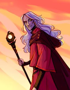 a drawing of a man with long white hair holding a wand