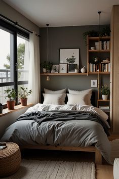 a bed sitting in a bedroom next to a window with lots of books on it