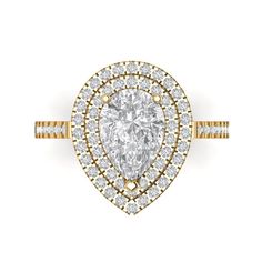 a pear shaped diamond engagement ring set in yellow gold