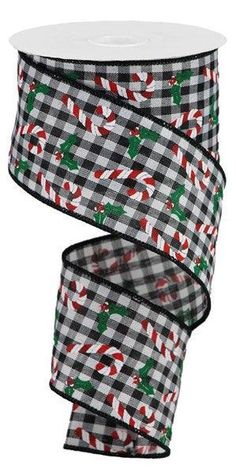 Candy Canes and Holly Gingham Ribbon : Black, Red, White, Emerald Green - 2.5 Inches x 10 Yards (30 Feet) Christmas Wired Ribbon, Ribbon Candy, White Candy, Wreath Supplies, Printed Ribbon, Holly Leaf, Christmas Candy Cane, Christmas Ribbon, Gingham Check