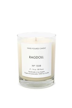 a white candle with the words ragdoll on it in front of a white background