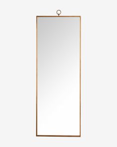 a gold framed mirror on a white wall with a hook hanging from the bottom to the side