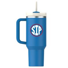 a blue travel mug with the word stp on it