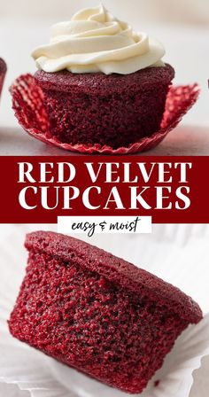 red velvet cupcakes with white frosting on top and the title overlay reads, red velvet cupcakes easy and must