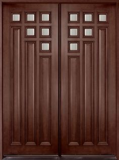 the double doors are made from mahogany wood and have glass panels on each paneling