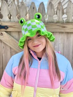 "It's cute, it's kawaii, it's cottagecore - it's a Gingham Frog Bucket Hat! This fun accessory combines so many adorable concepts - a frilly brimmed hat, plaid / check / gingham print, and frogs! It doesn't get much cuter for spring! This hat pattern uses simple color changes, is easy to follow, and works up fairly fast. It would be an amazing staple in any wardrobe all season round, and is fantastic as a gift or craft fair make! These hats work great for kids, adults, and the geek chic crowd of all ages! Crochet one in bright green or customize in the colors of your choice. The possibilities are endless! Please note that this is a digital PDF crochet pattern only - no crochet patterns will be sent through the physical mail.  :) THIS LISTING IS FOR THE CROCHET PATTERN ONLY, NOT THE FINISHE Frog Bucket Hat Crochet, Frog Bucket Hat, Bucket Hat Crochet Pattern, Kawaii Cottagecore, Bucket Hat Crochet, Frog Hat, Hat Crochet Pattern, Crochet Frog, Medium Weight Yarn