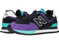 New Balance Classics 574D Rugged - Men's Shoes : Black/Prism Purple : Retro-inspired style meets modern comfort with the New Balance Classics 574D Rugged sneaker, elevated in bold, varsity colorways. Low-top sneaker silhouette with full-lace closure. Leather and textile mesh upper with triple-stacked N logo. Padded collar and tongue for secure fit. Breathable textile lining. Removable, cushioned textile insole. ENCAP midsole cushioning combines lightweight foam with a durable polyurethane rim. D Sneaker Silhouette, Mens New Balance, New Balance Classics, Purple Retro, N Logo, Rugged Men, Mens Shoes Black, New Balance Sneaker, Lace Closure