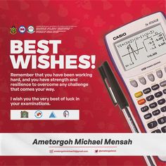 a calculator and pen sitting on top of a red sheet with the words best wishes