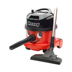 a red and black vacuum cleaner with a smile face on it's face,