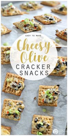 cracker snacks with text overlay that says easy to make cheesy olive crackers