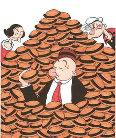 an image of a man sitting on top of stacks of coins with other people around him