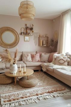 a living room filled with lots of furniture and decor on top of a white rug