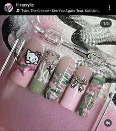 Bape Hello Kitty Nails, 2000s Nails Acrylic Y2k, Bape Nails, Pink Camo Nails, Nails Hello Kitty, Acrylic Nail Designs Coffin, Camo Nails, Y2k Nails