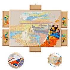 the painting is being displayed in an open wooden box with two pieces of puzzle on it