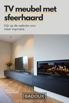 an advertisement for a fireplace in a living room with wood flooring and white walls