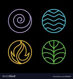 four different logos with leaves and swirls in the center on black background, including one for